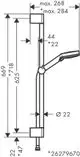 Hansgrohe Brauseset mit verstellbarer Brausestange, zentralem Gelenk und Halterung, angeordnet an einer vertikalen Linie mit Maßangaben.